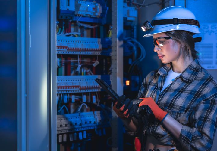 Electrician checking a panel with a tablet in a blue-lit room